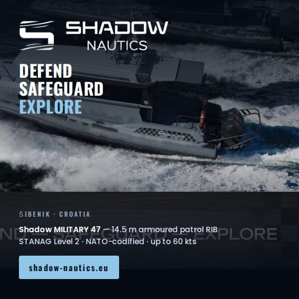 Shadow Nautics — Shadow MILITARY 47, 14.5 m armoured patrol RIB. STANAG Level 2, NATO-codified, up to 60 knots. Šibenik, Croatia.